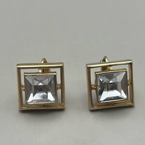 Chic Avon Gold Tone Square Clip On Earrings with Clear Stones-Luxury Fashion